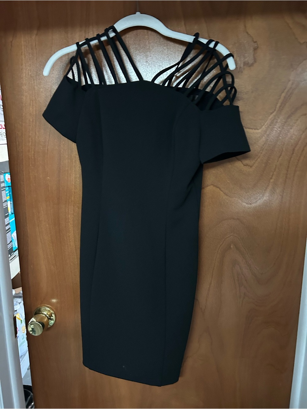 Guess Black Cold-Shoulder Mini Dress with Strappy Cage Shoulders
